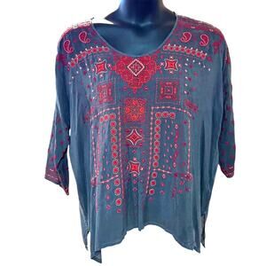 Johnny Was Gray Boho Chic Blouse Short Sleeve Top Relaxed Fit V-Neck SZ Med